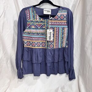 Savanna Jane Embroidered Scoop Neck Long Sleeve‎ and Ruffles Top